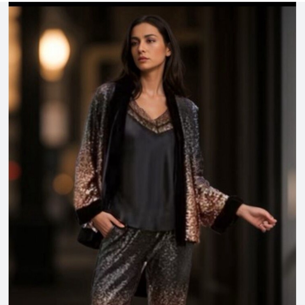NWT JOHNNY WAS SEQUIN BRONZE BLACK VELVET TRIM DORIAN KIMONO S